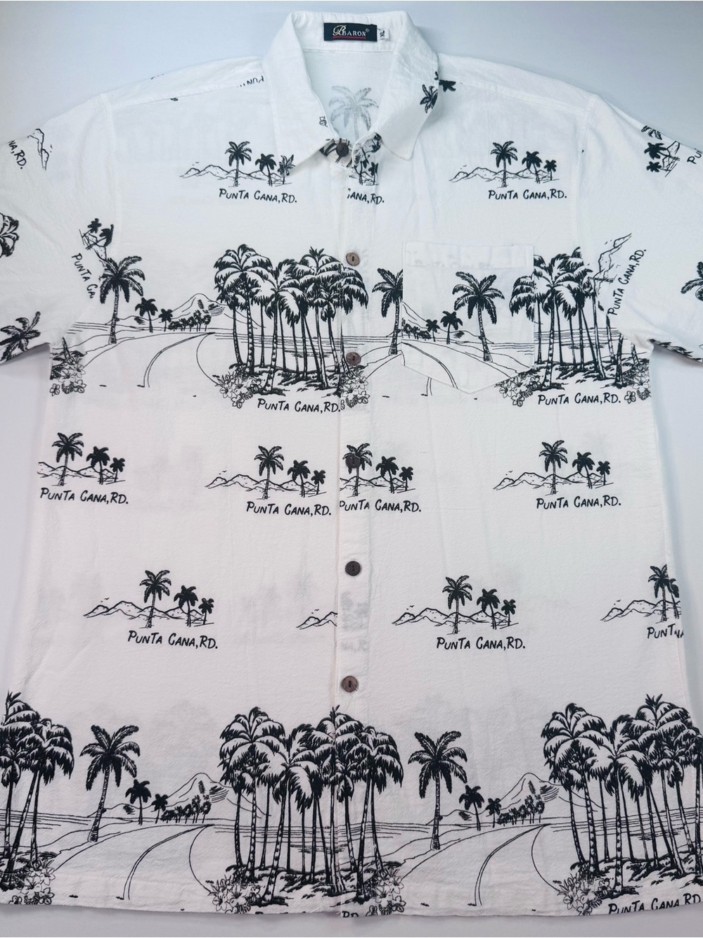 BARON Men’s Aloha-style SS Button-front Shirt, White w/Black island motifs, XL